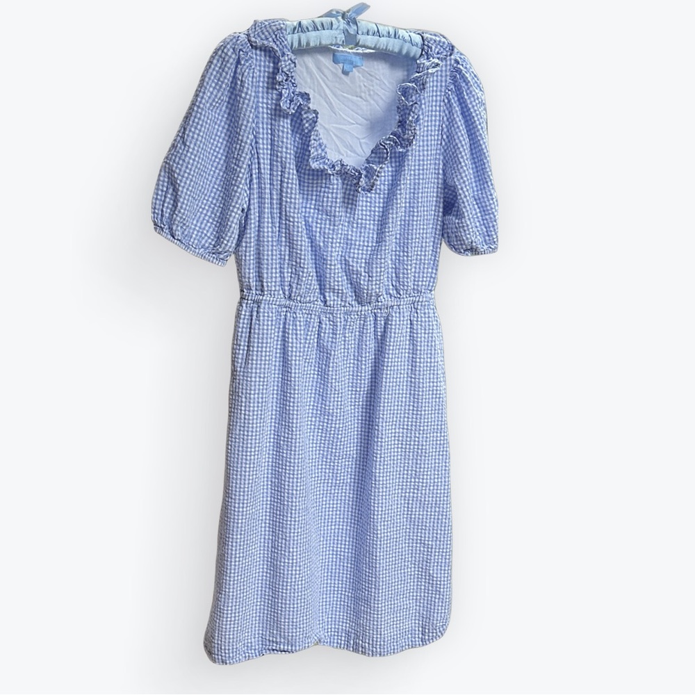 Picnic Cottage Milkmaid Clean Pale Blue Gingham Ruffle Draper James RSVP Dress~L